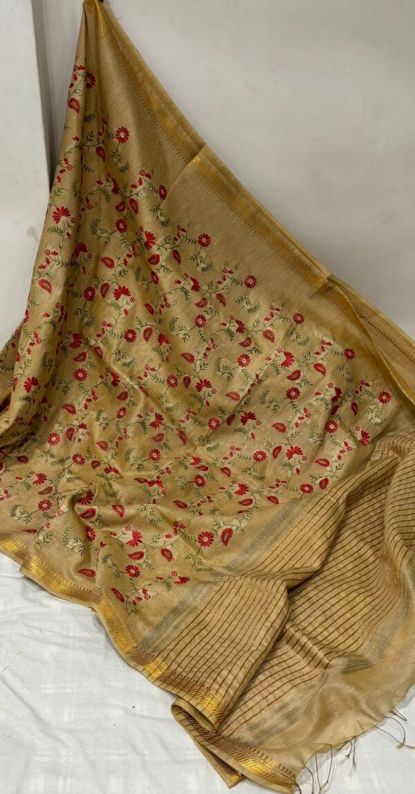 Banarasi  Linen Silk Saree with machine Embroidery Work - Image 4