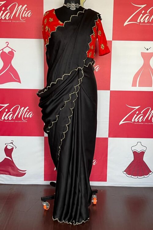 Semi Silk Black colour Saree with Designer Golden Silk Thread Scallop Embroidery work
