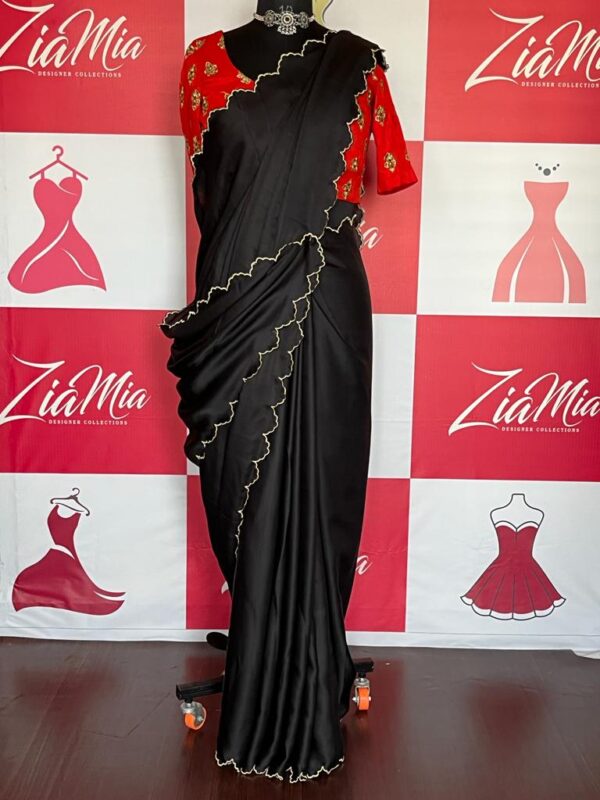 Semi Silk Black colour Saree with Designer Golden Silk Thread Scallop Embroidery work