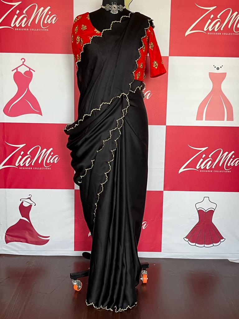 Semi Silk Black colour Saree with Designer Golden Silk Thread Scallop Embroidery work