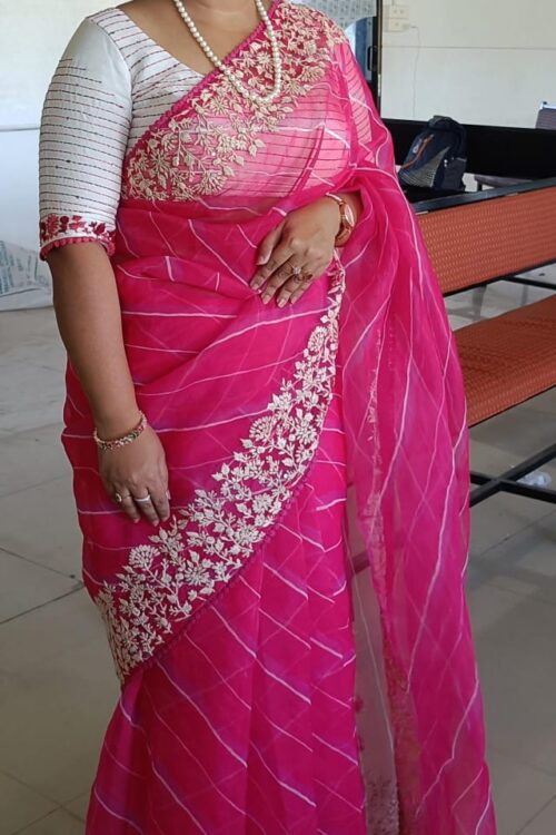 Pure Organza Silk Lehriya Design Saree with Beautiful Hand Embroidery
