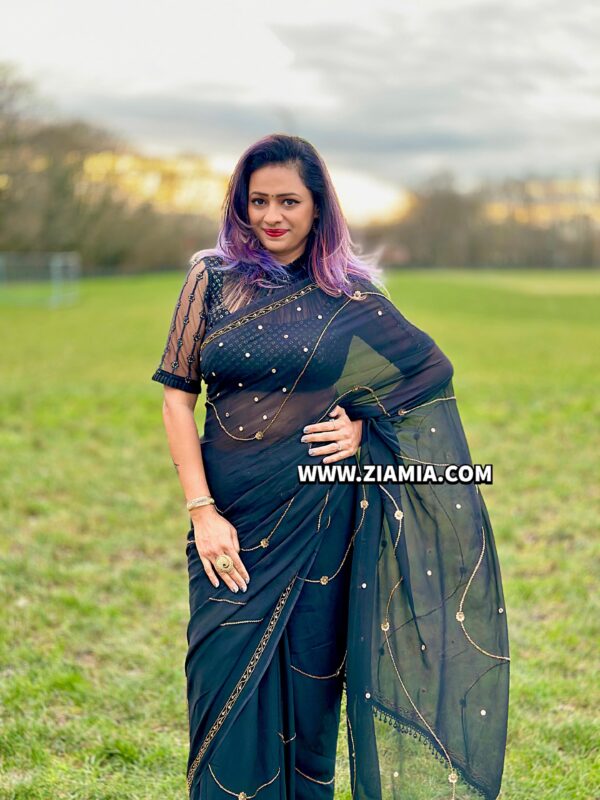 Pure Georgette Jet Black Colour Saree with Beautiful Hand Embroidery Work