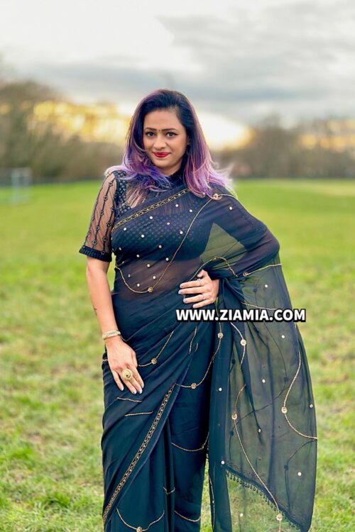 Pure Georgette Jet Black Colour Saree with Beautiful Hand Embroidery Work