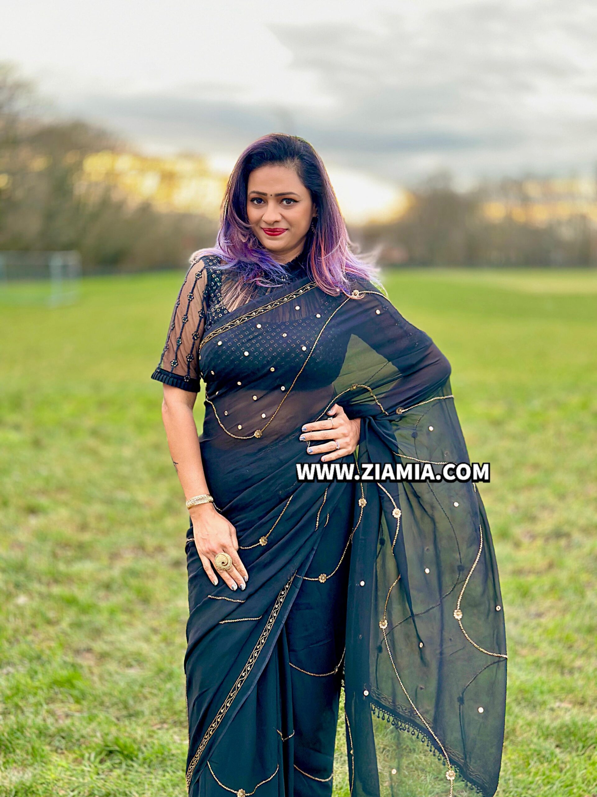 Pure Georgette Jet Black Colour Saree with Beautiful Hand Embroidery Work