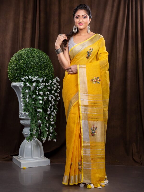 Pure Linen 100% 120 Count French Knot hand embroidery with kantha hand embroidery Saree