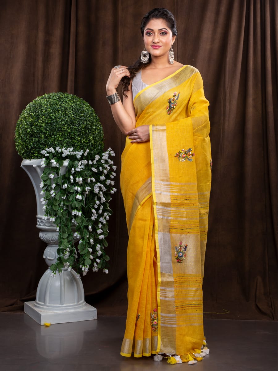 Pure Linen 100% 120 Count French Knot hand embroidery with kantha hand embroidery Saree