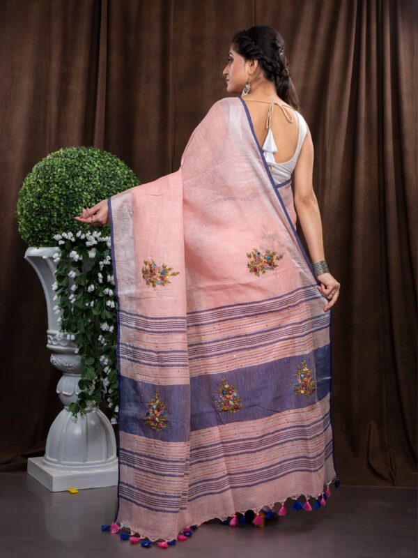 Pure Linen 100% 120 Count French Knot hand embroidery with kantha hand embroidery Saree - Image 3