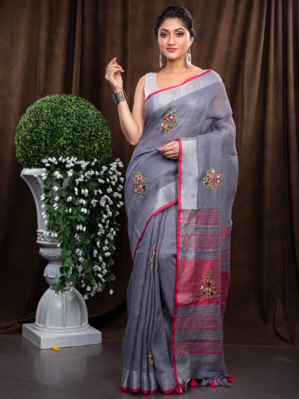 Pure Linen 100% 120 Count French Knot hand embroidery with kantha hand embroidery Saree - Image 2