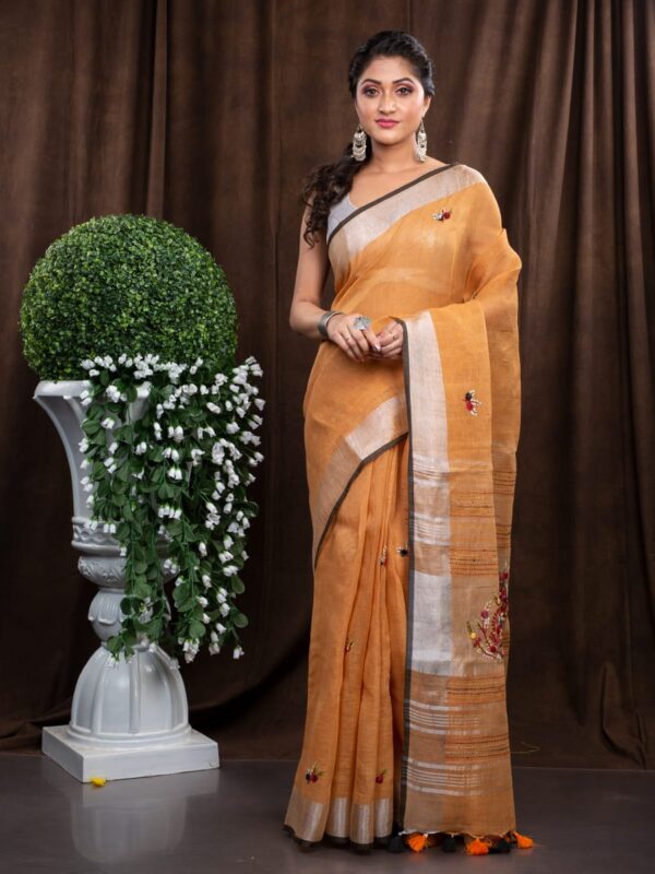 Pure Linen 100% 120 Count French Knot hand embroidery with kantha hand embroidery Saree - Image 4