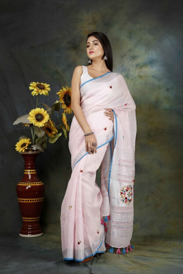 Pure Linen 100% 120 Count French Knot hand embroidery with kantha hand embroidery Saree - Image 6