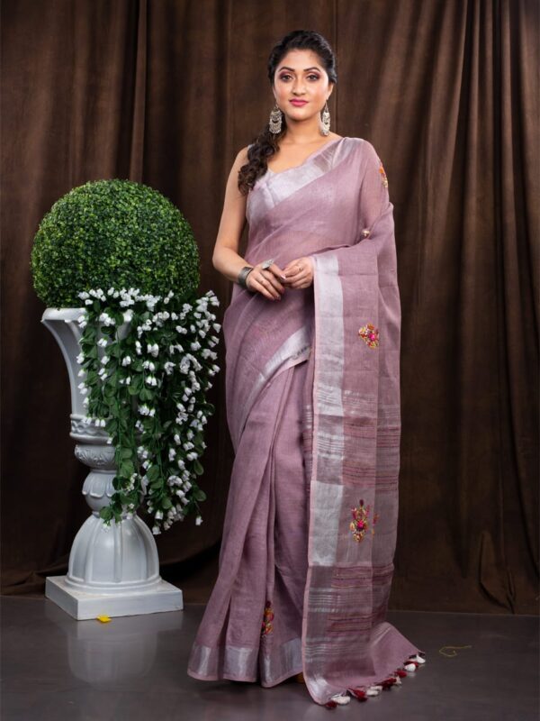 Pure Linen 100% 120 Count French Knot hand embroidery with kantha hand embroidery Saree - Image 5
