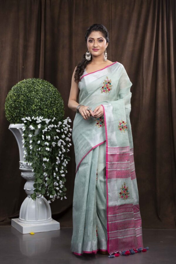 Pure Linen 100% 120 Count French Knot hand embroidery with kantha hand embroidery Saree - Image 12