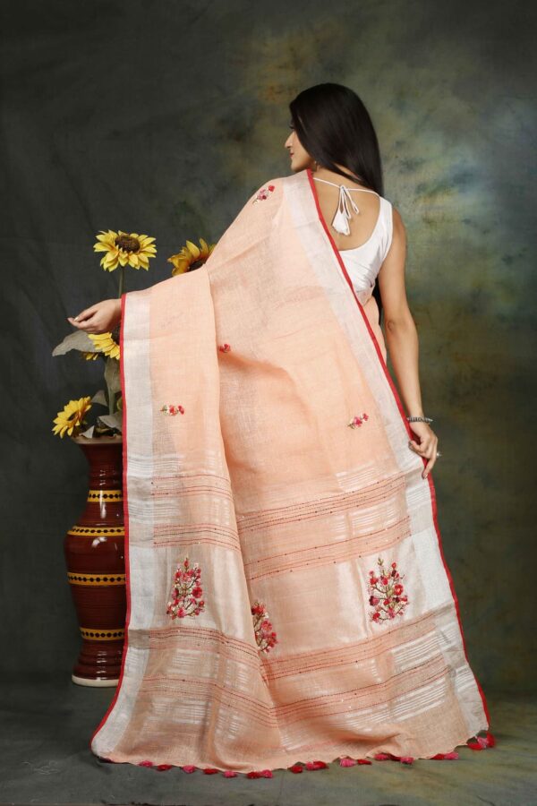 Pure Linen 100% 120 Count French Knot hand embroidery with kantha hand embroidery Saree - Image 7