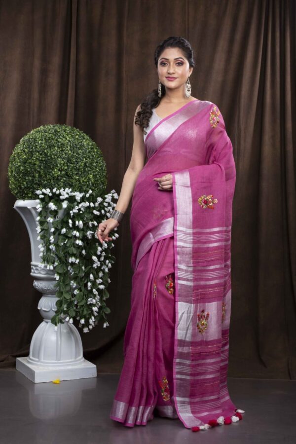 Pure Linen 100% 120 Count French Knot hand embroidery with kantha hand embroidery Saree - Image 10