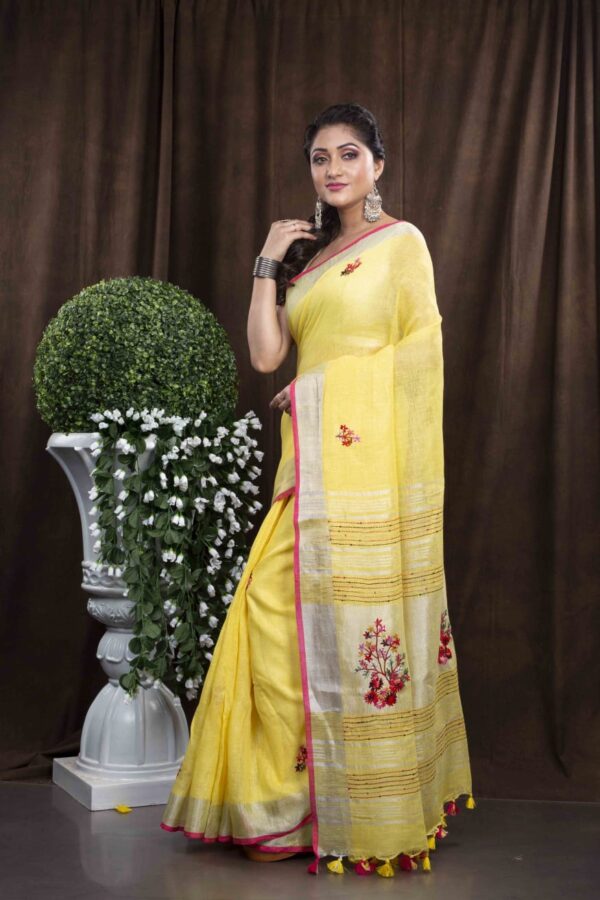 Pure Linen 100% 120 Count French Knot hand embroidery with kantha hand embroidery Saree - Image 11