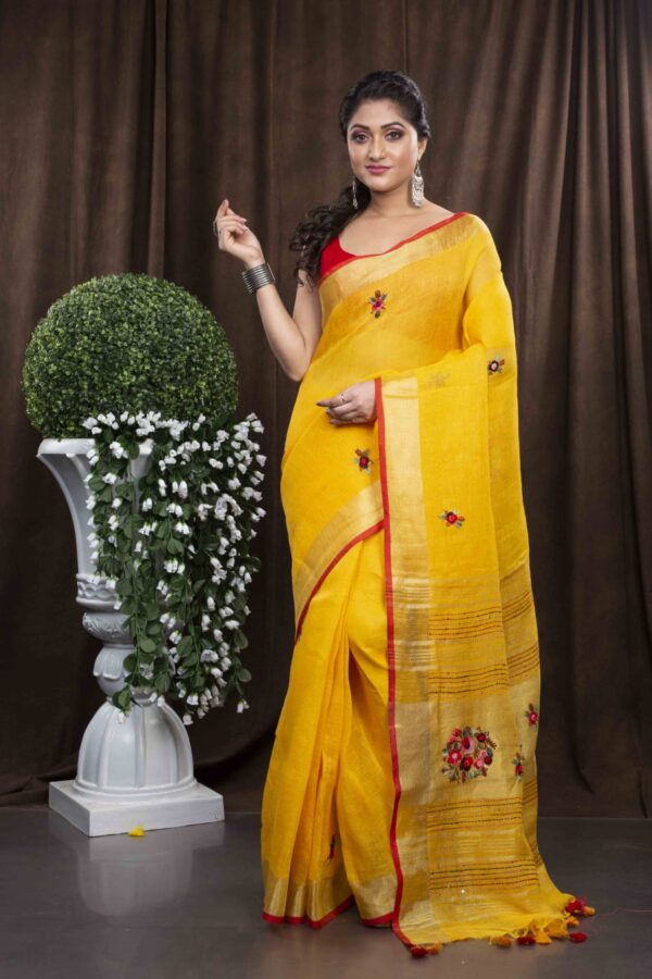 Pure Linen 100% 120 Count French Knot hand embroidery with kantha hand embroidery Saree - Image 9