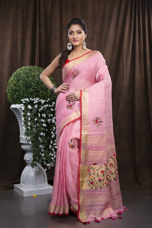 Pure Linen 100% 120 Count French Knot hand embroidery with kantha hand embroidery Saree - Image 8