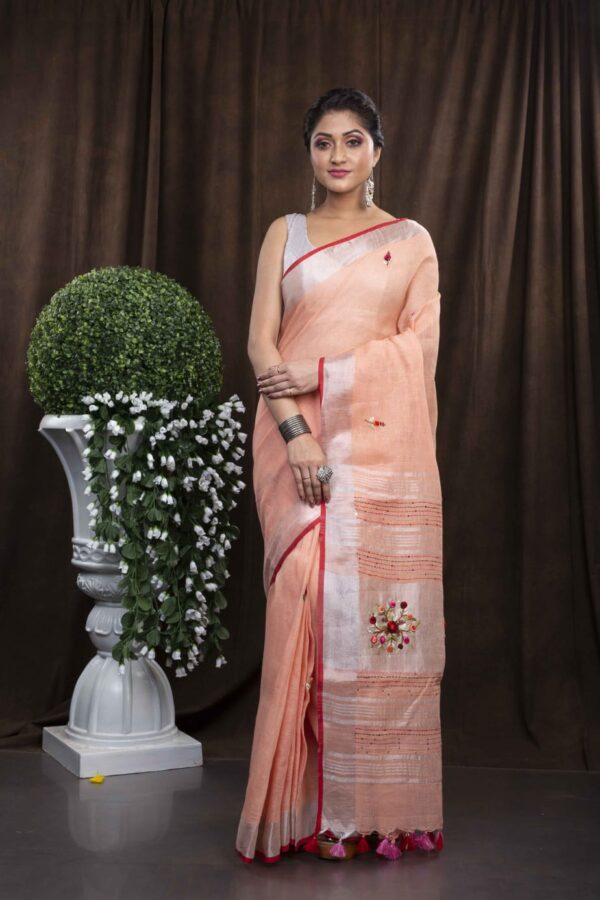Pure Linen 100% 120 Count French Knot hand embroidery with kantha hand embroidery Saree - Image 13