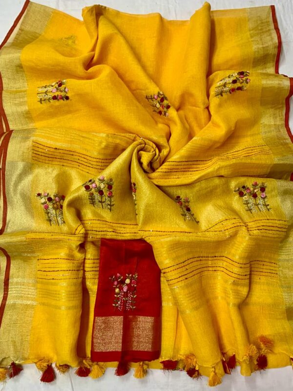 Pure Linen 100% 120 Count French Knot hand embroidery with kantha hand embroidery Saree - Image 14