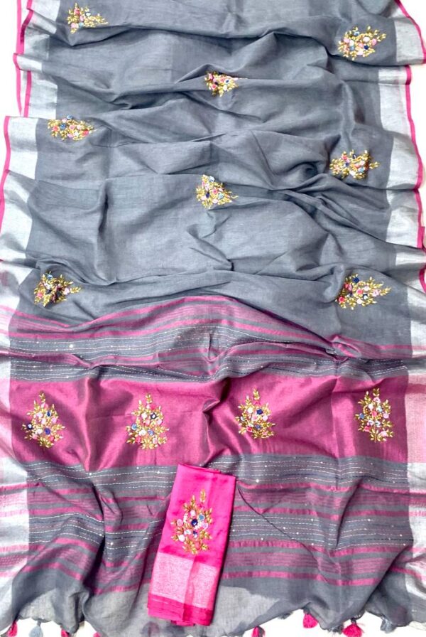 Pure Linen 100% 120 Count French Knot hand embroidery with kantha hand embroidery Saree - Image 16