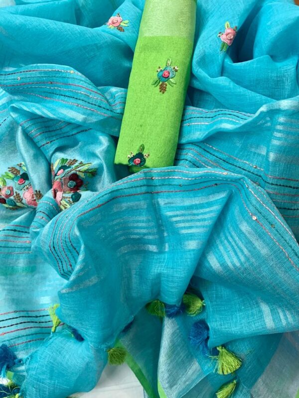 Pure Linen 100% 120 Count French Knot hand embroidery with kantha hand embroidery Saree - Image 17