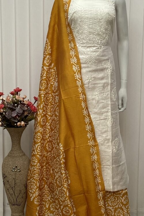 Batik Salwar Material With Lucknowi Embroidery