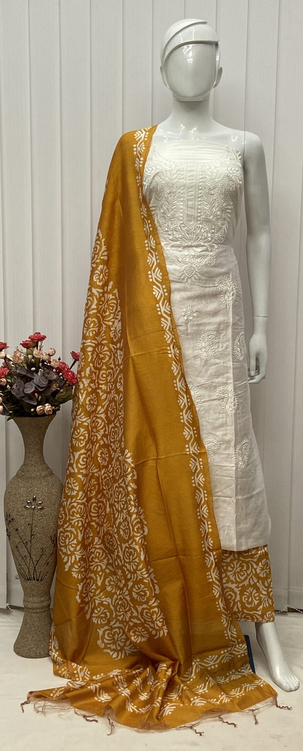 Batik Salwar Material With Lucknowi Embroidery