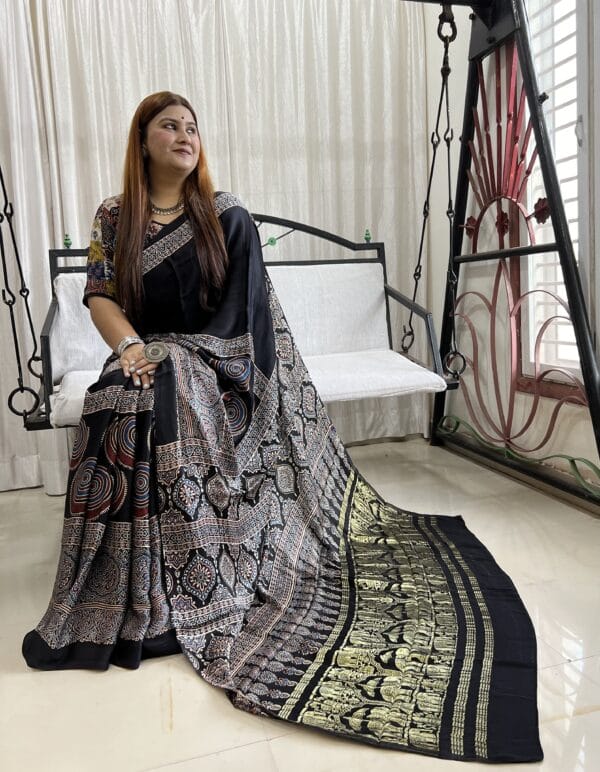 Pure Ajrakh Hand block Printed Modal silk Zari Pallu Saree(Natural Dyed) - Image 2