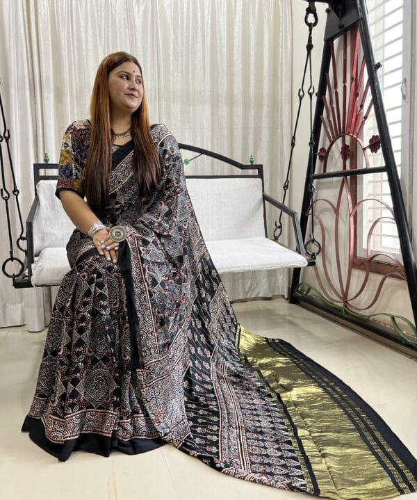 Pure Ajrakh Hand block Printed Modal silk Zari Pallu Saree(Natural Dyed) - Image 3
