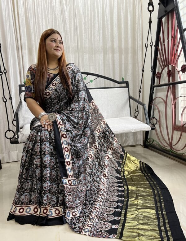 Pure Ajrakh Hand block Printed Modal silk Zari Pallu Saree(Natural Dyed) - Image 5