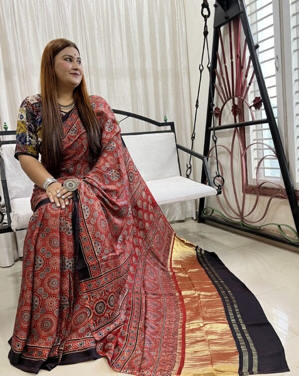 Pure Ajrakh Hand block Printed Modal silk Zari Pallu Saree(Natural Dyed) - Image 4