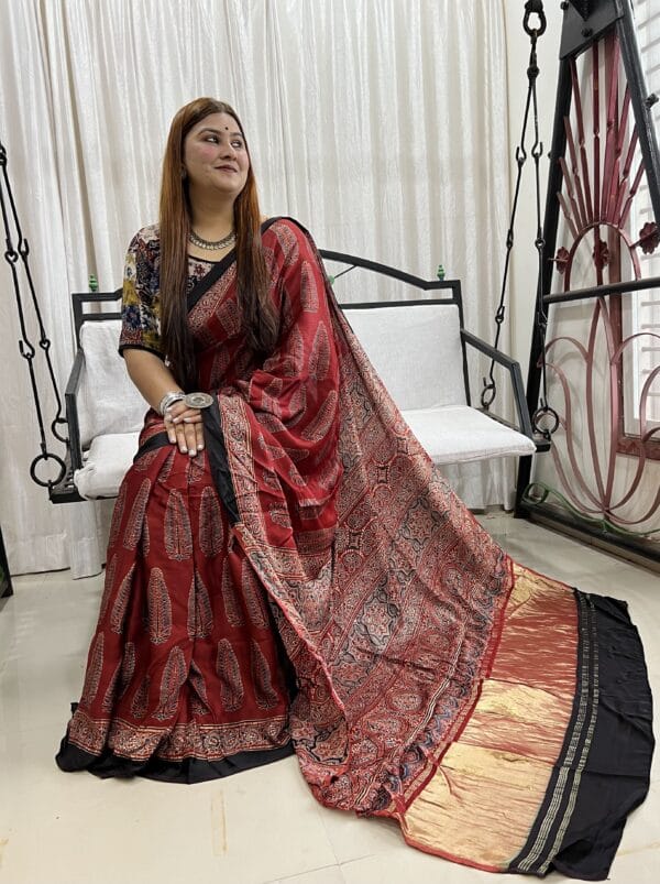 Pure Ajrakh Hand block Printed Modal silk Zari Pallu Saree(Natural Dyed) - Image 7