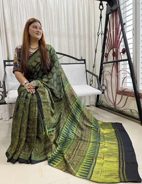 Pure Ajrakh Hand block Printed Modal silk Zari Pallu Saree(Natural Dyed)