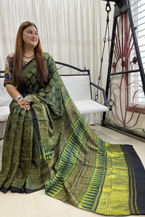 Pure Ajrakh Hand block Printed Modal silk Zari Pallu Saree(Natural Dyed)