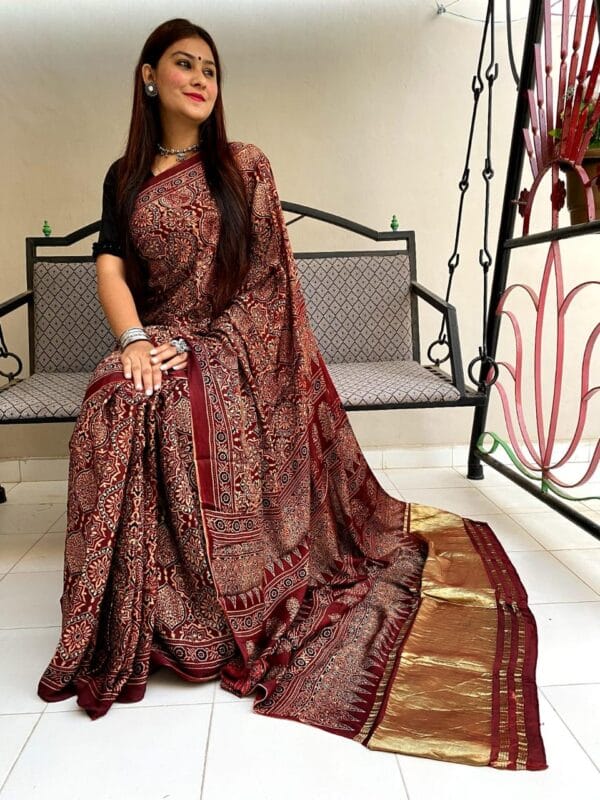 Pure Ajrakh Hand block Printed Modal silk Zari Pallu Saree(Natural Dyed) - Image 8