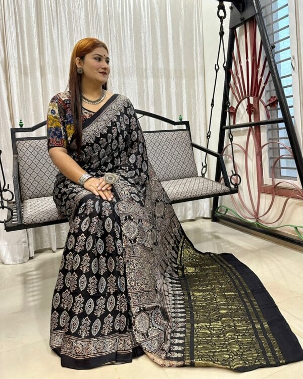 Pure Ajrakh Hand block Printed Modal silk Zari Pallu Saree(Natural Dyed) - Image 9
