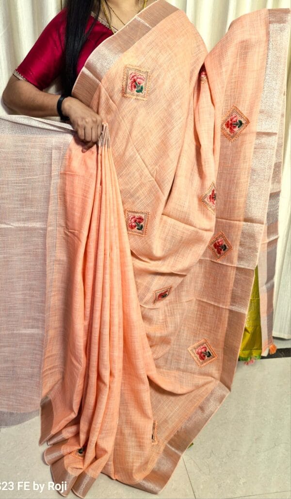 Soft Linen Saree with Embroidery - Image 3