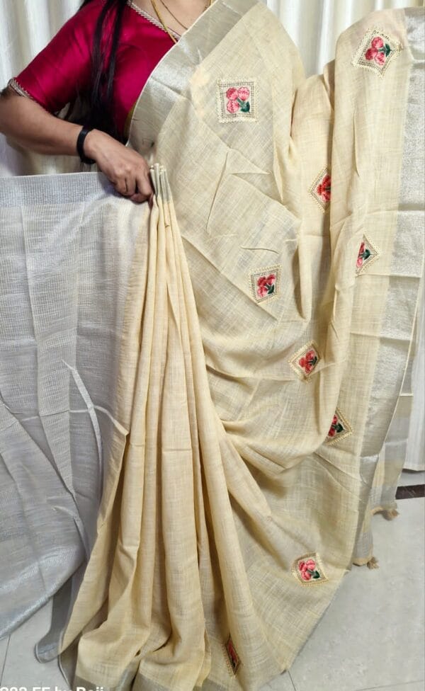 Soft Linen Saree with Embroidery - Image 2