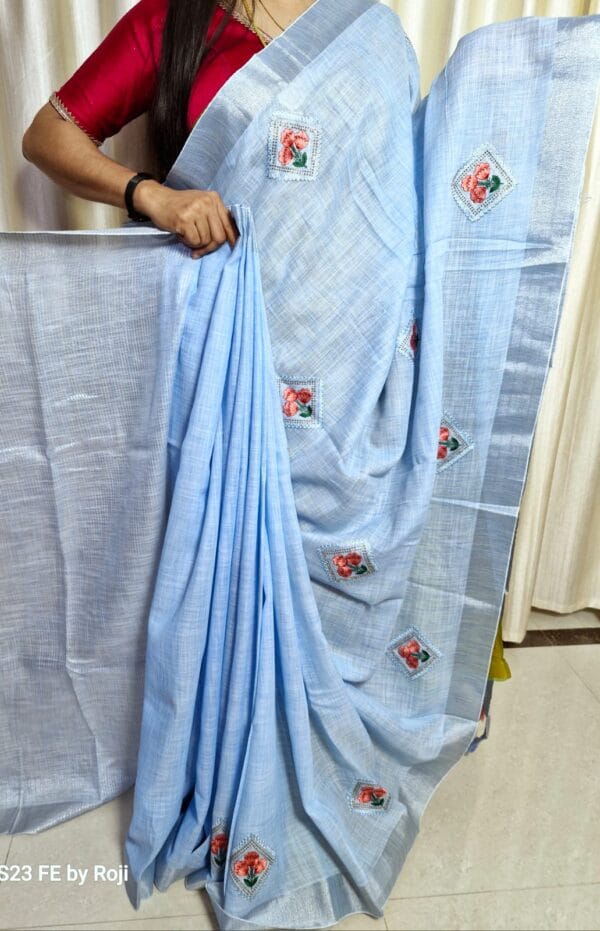 Soft Linen Saree with Embroidery - Image 7
