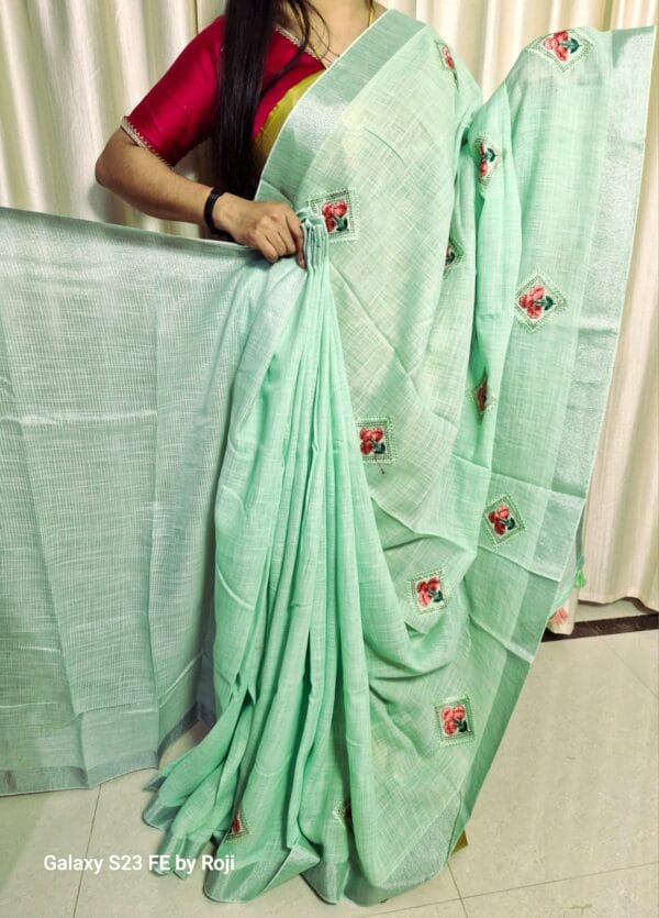 Soft Linen Saree with Embroidery - Image 9